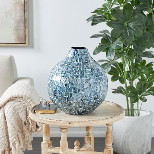 14" Blue Mother of Pearl Handmade Mosaic Inspired Vase